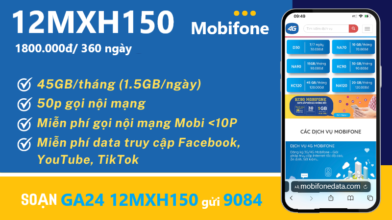 Gói 12MXH150 Mobifone Có 540Gb Và Free Tiktok, YT, FB, Gọi 3